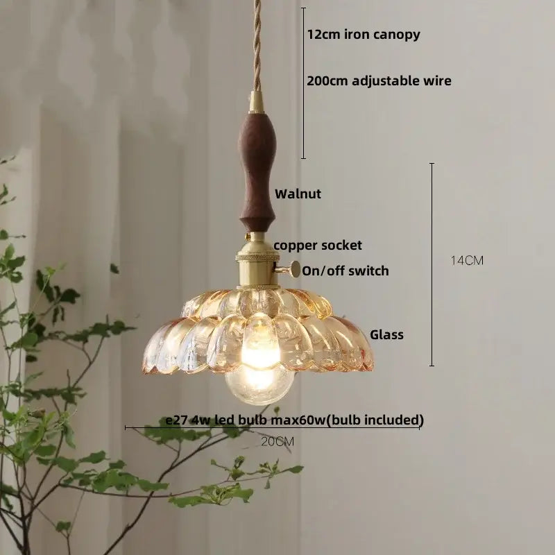 Vintage amber flower glass pendant light kitchen brass hanging lamp