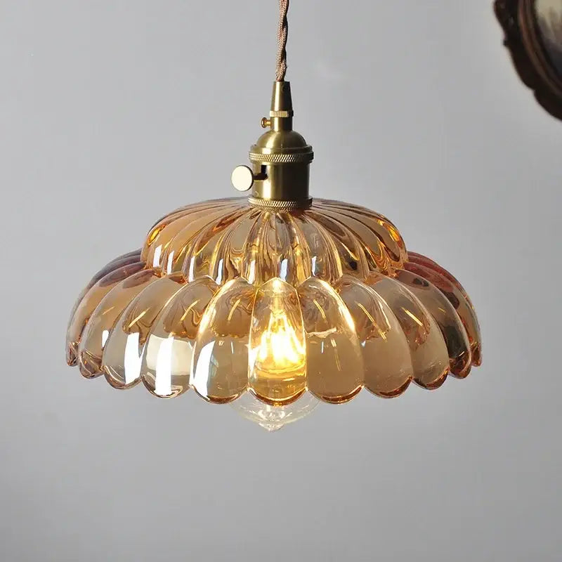 Vintage amber flower glass pendant light kitchen brass hanging lamp