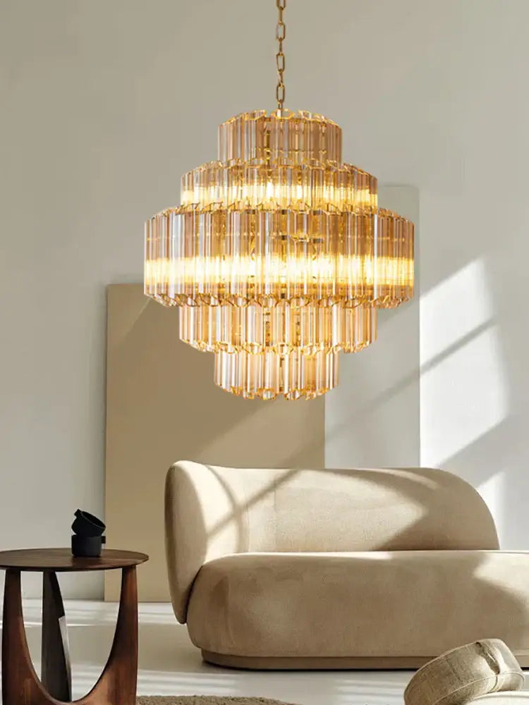 Vintage amber glass ceiling chandelier dining room gold tiered light