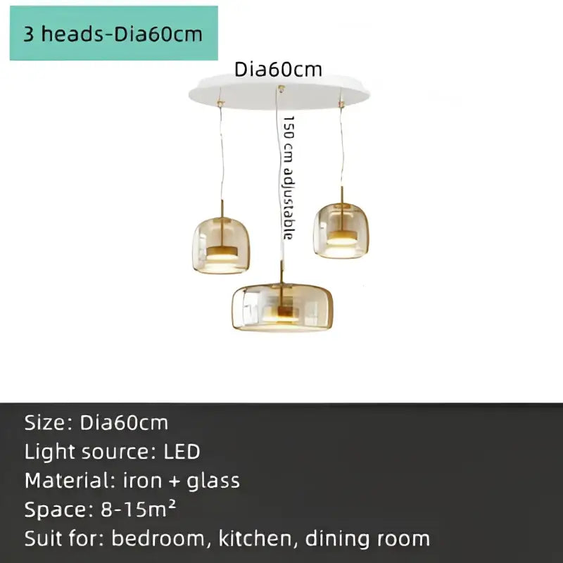 Modern amber glass chandelier with brass accents for living room