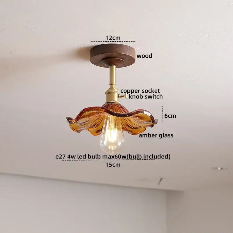 Modern amber glass and copper ceiling light fixture dining room