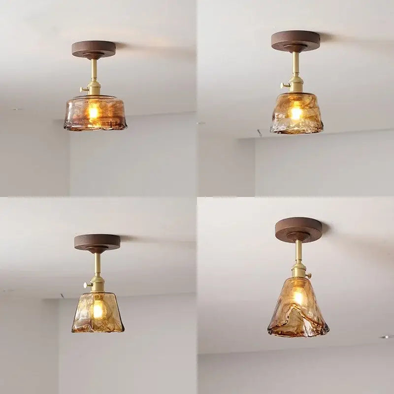 Modern amber glass and copper ceiling light fixture dining room