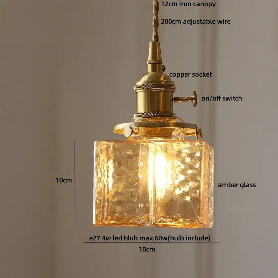 Vintage amber glass cube led pendant light kitchen brass hardware