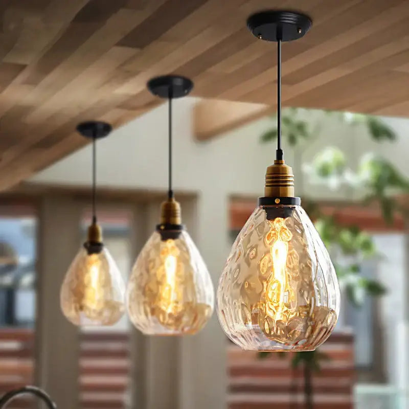 Vintage amber glass industrial led pendant lights set dining room