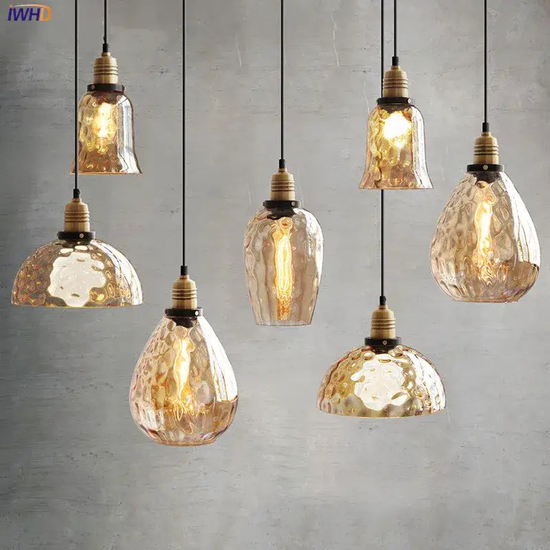 Vintage amber glass industrial led pendant lights set dining room