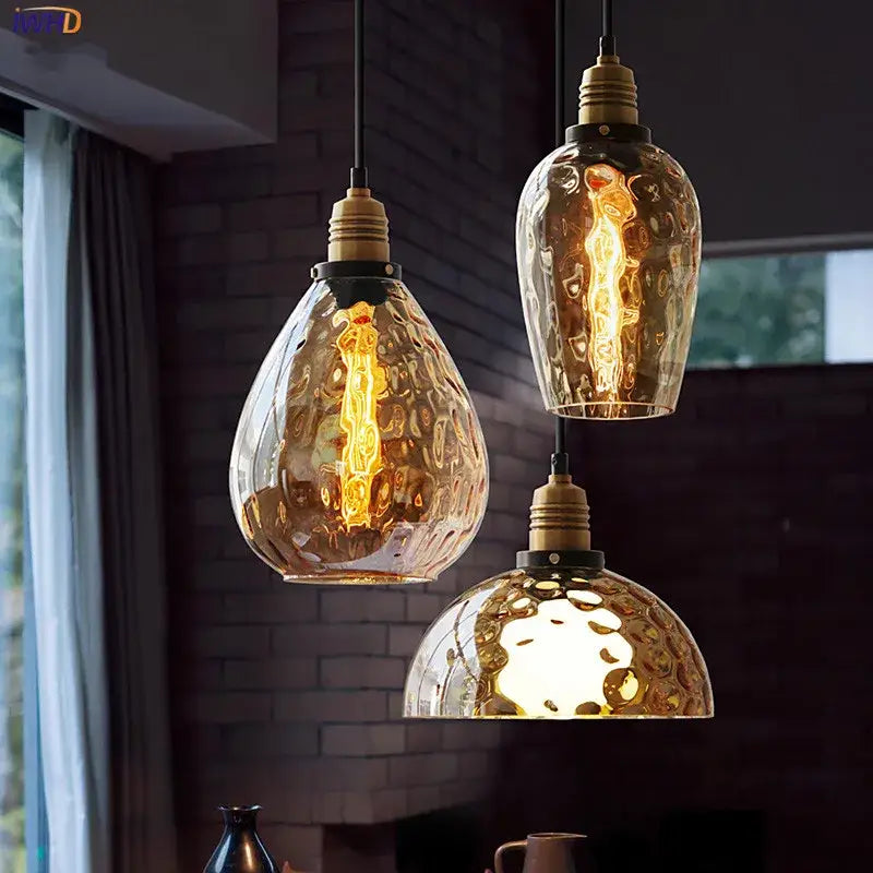 Vintage amber glass industrial led pendant lights set dining room