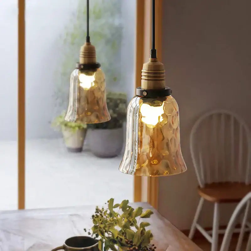Vintage amber glass industrial led pendant lights set dining room