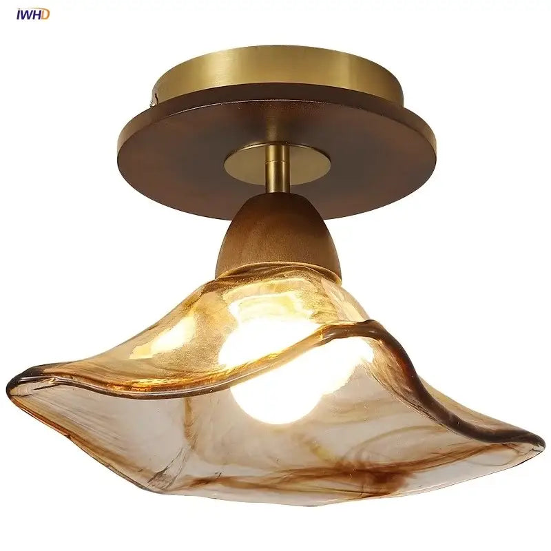 Vintage amber glass led ceiling light bedroom woven wood luminaire