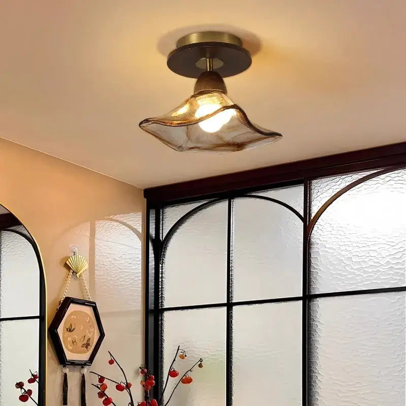Vintage amber glass led ceiling light bedroom woven wood luminaire
