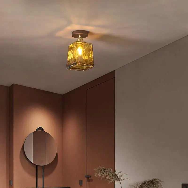 Modern amber glass led pendant light kitchen brass ceiling light