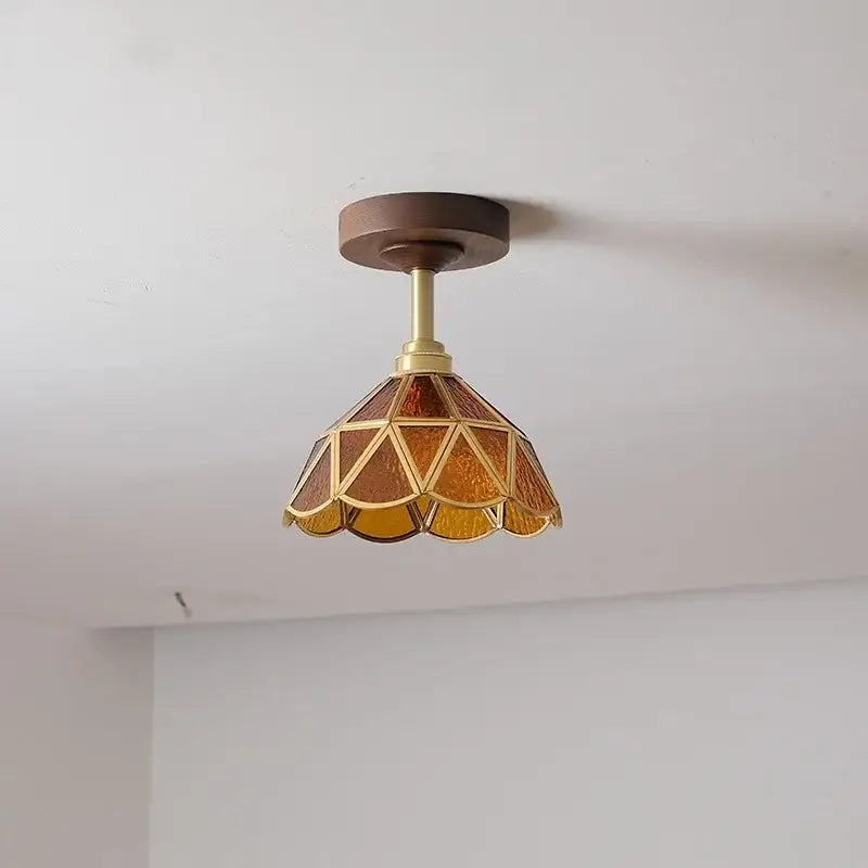 Modern amber glass led ceiling light kids room wood canopy