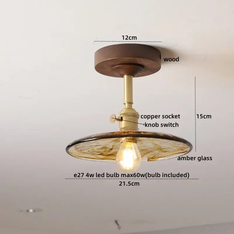 Modern amber glass led ceiling light kids room wood canopy