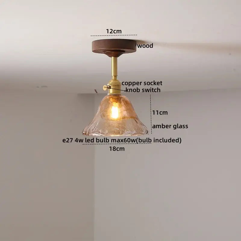 Modern amber glass led ceiling light kids room wood canopy
