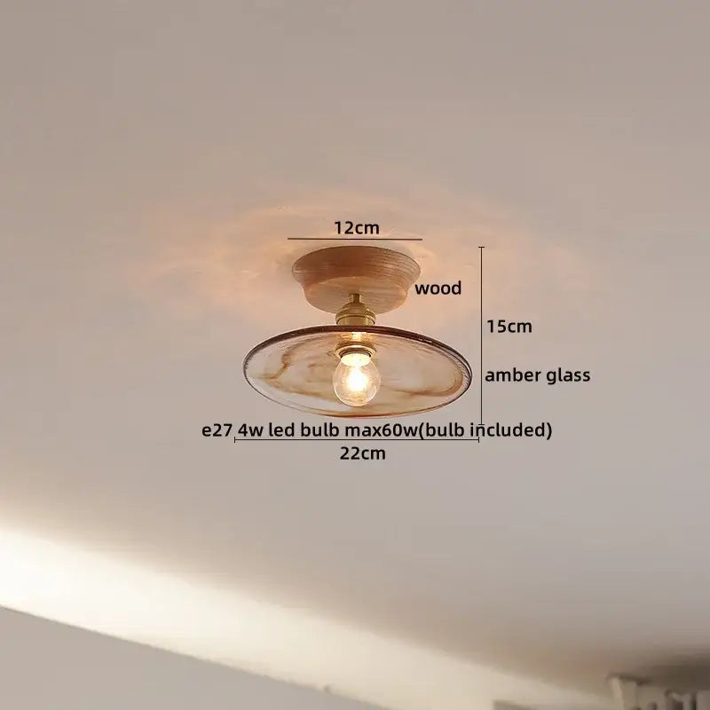 Modern amber glass led ceiling lights for dining room with wood mount