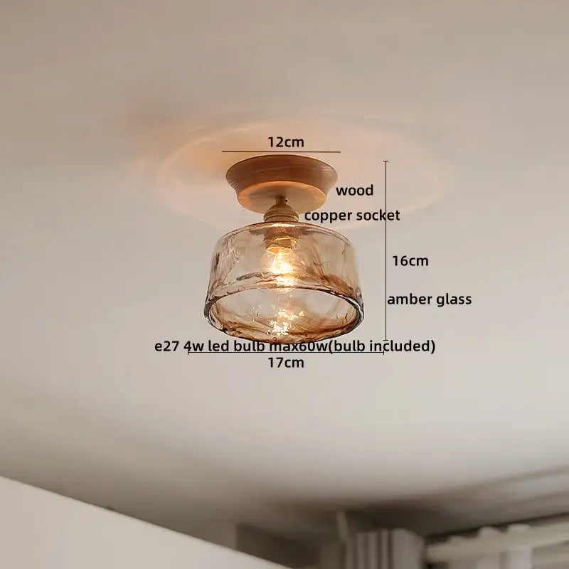 Modern amber glass led ceiling lights for dining room with wood mount
