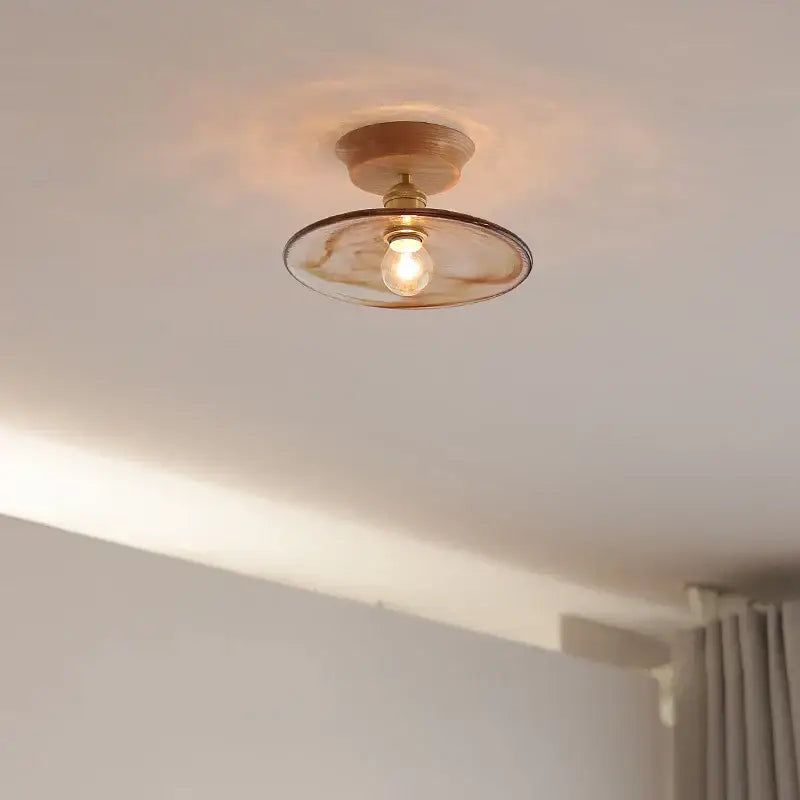 Modern amber glass led ceiling lights for dining room with wood mount