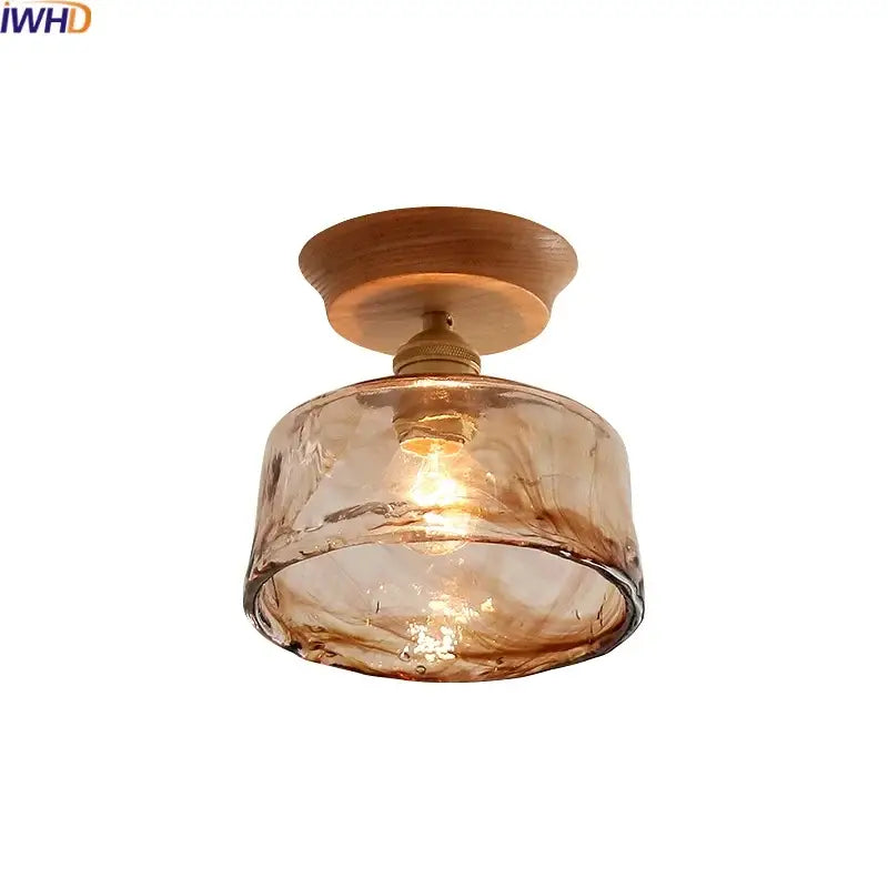 Modern amber glass led ceiling lights for dining room with wood mount