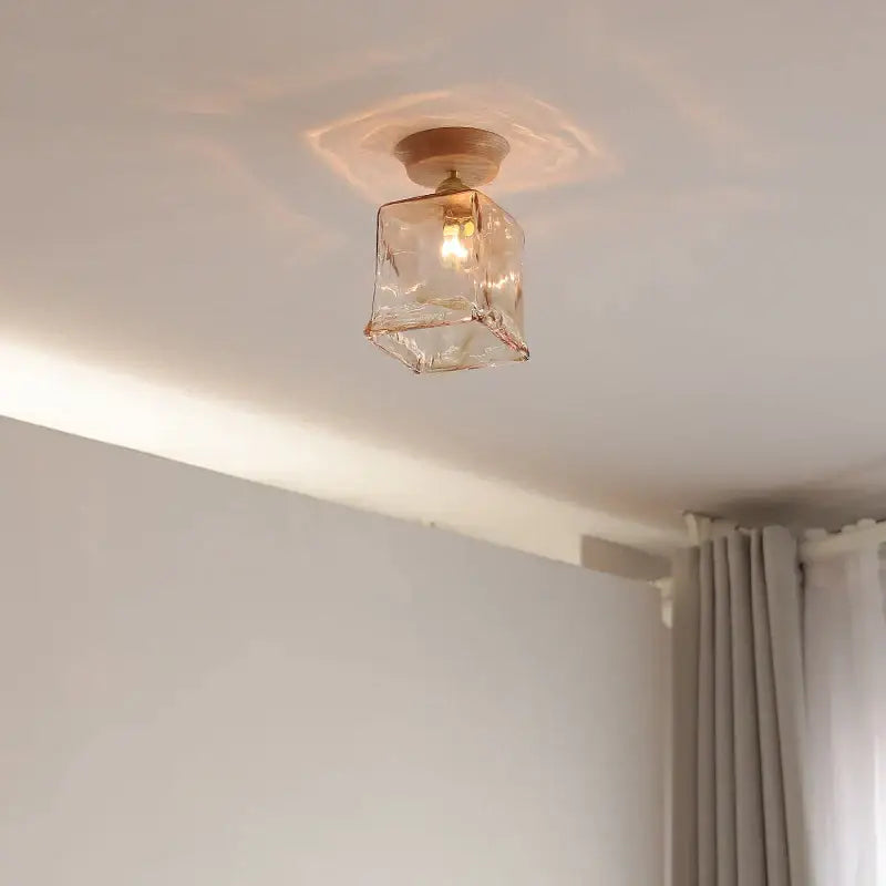 Modern amber glass led ceiling lights for dining room with wood mount