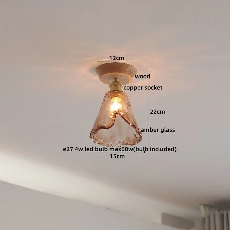 Modern amber glass led ceiling lights for dining room with wood mount