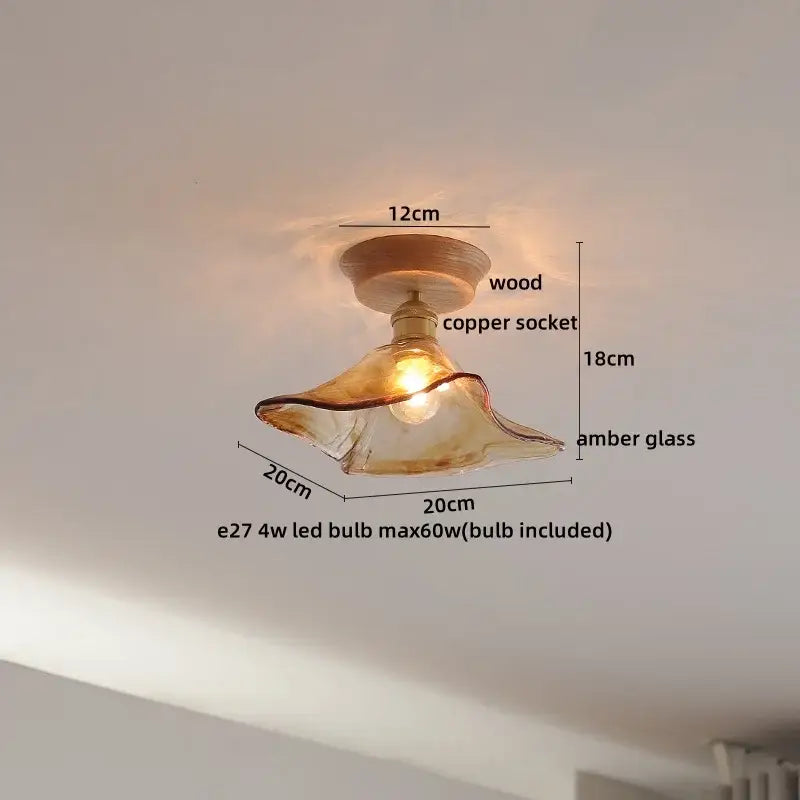 Modern amber glass led ceiling lights for dining room with wood mount
