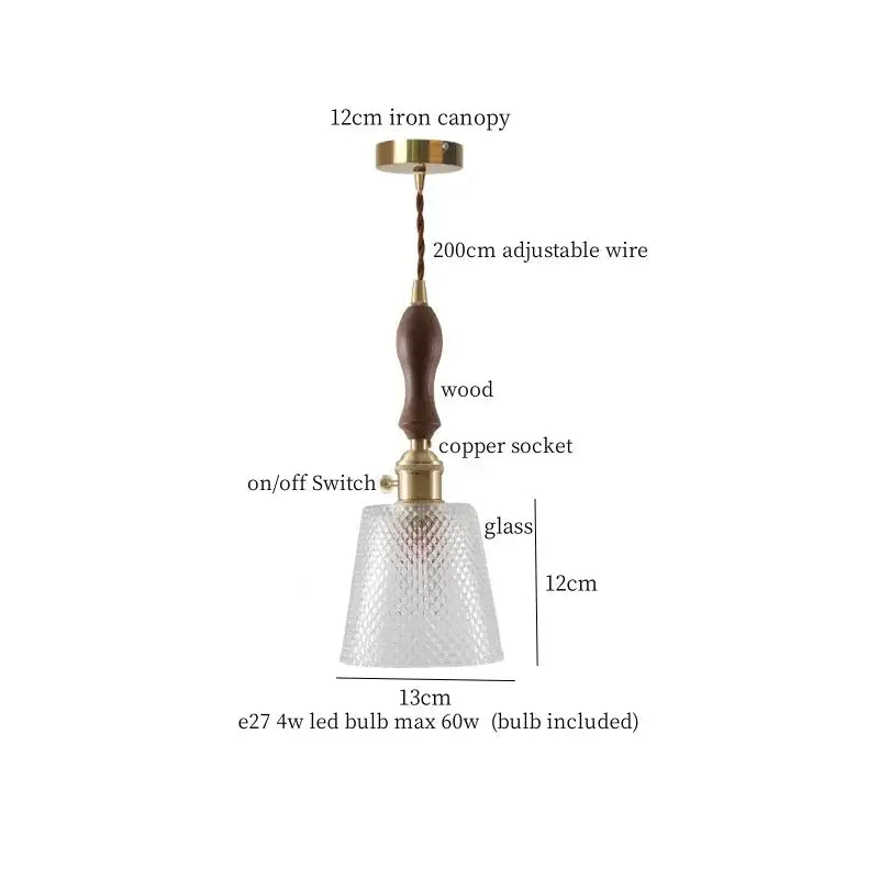 Vintage amber glass led hanging lamp kitchen wood pull chain