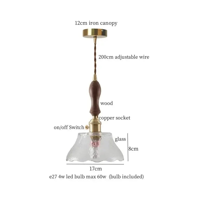 Vintage amber glass led hanging lamp kitchen wood pull chain