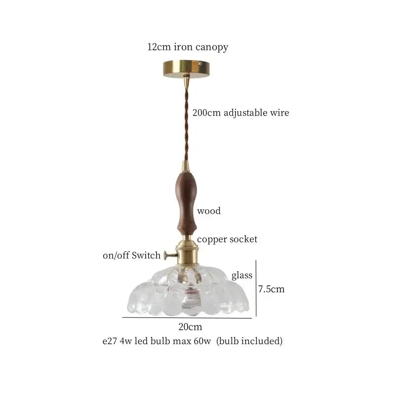 Vintage amber glass led hanging lamp kitchen wood pull chain