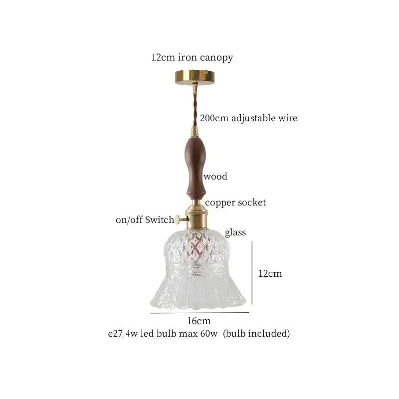 Vintage amber glass led hanging lamp kitchen wood pull chain