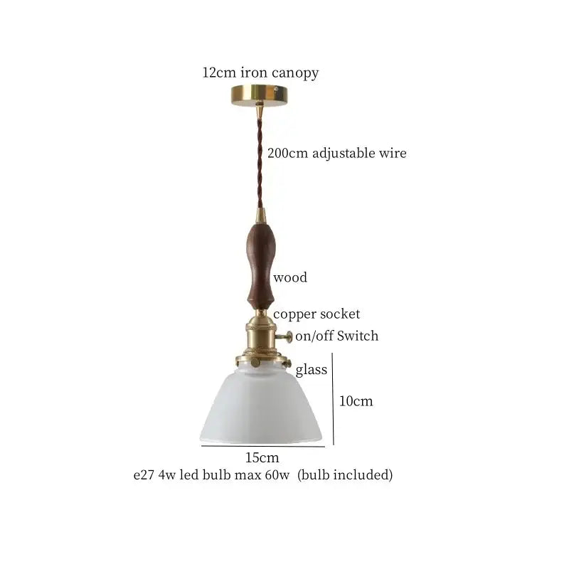 Vintage amber glass led hanging lamp kitchen wood pull chain