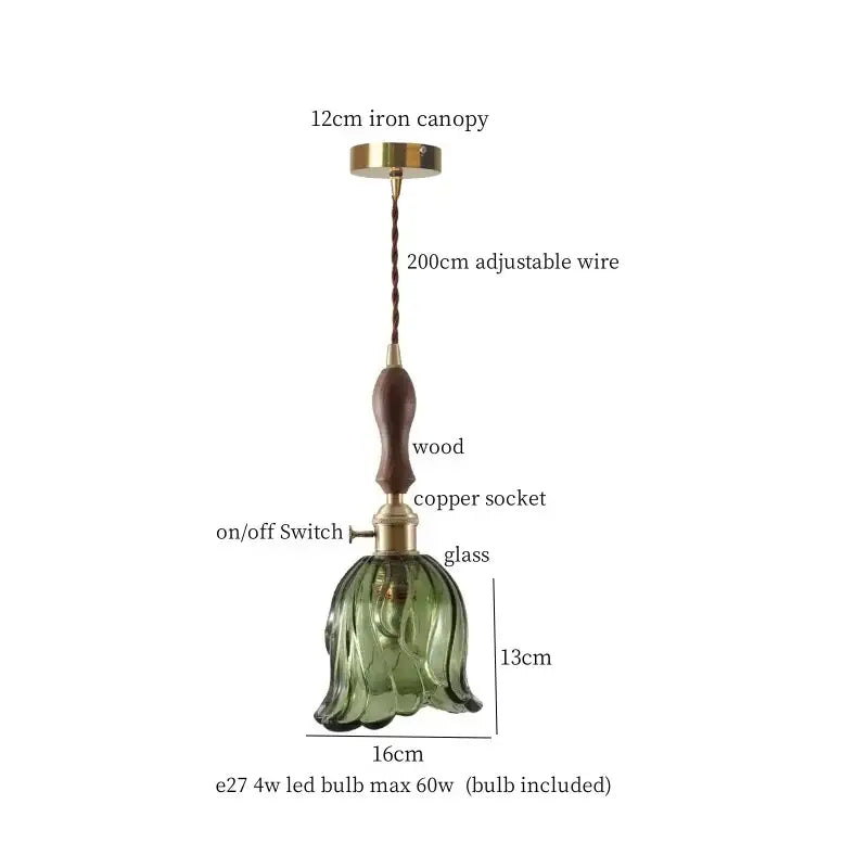 Vintage amber glass led hanging lamp kitchen wood pull chain