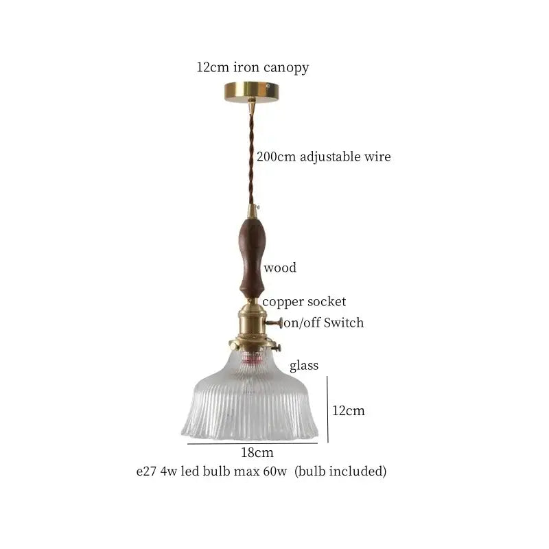 Vintage amber glass led hanging lamp kitchen wood pull chain