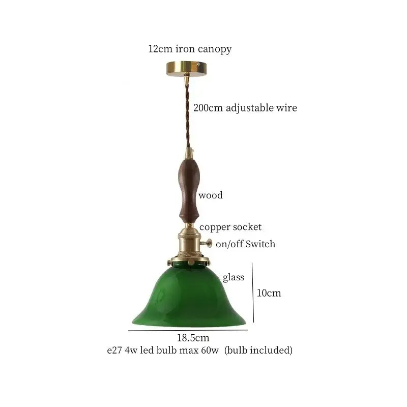Vintage amber glass led hanging lamp kitchen wood pull chain