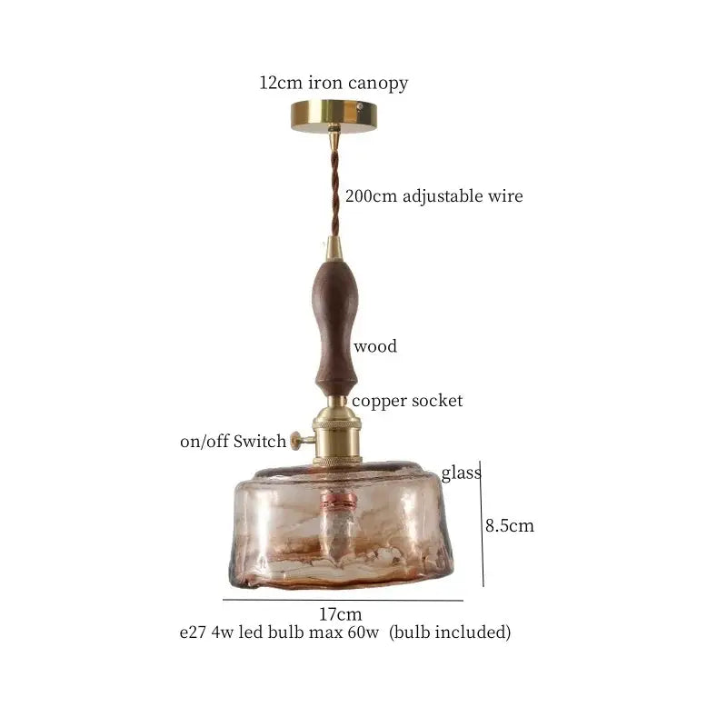 Vintage amber glass led hanging lamp kitchen wood pull chain