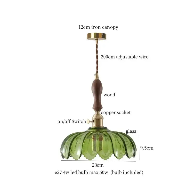 Vintage amber glass led hanging lamp kitchen wood pull chain