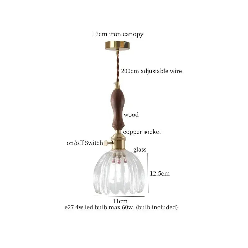Vintage amber glass led hanging lamp kitchen wood pull chain