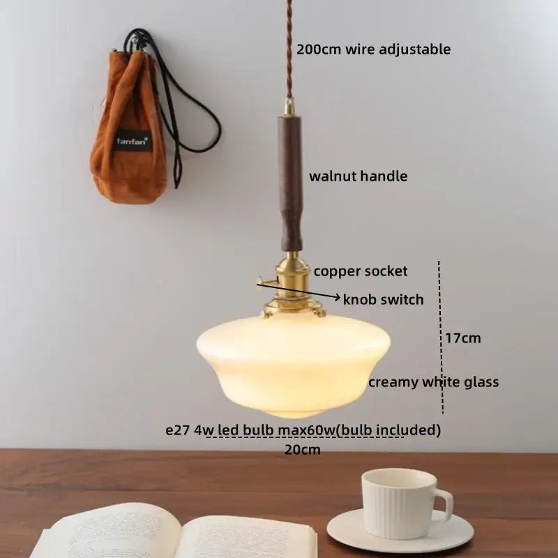 Amber glass led pendant light copper & walnut dining room