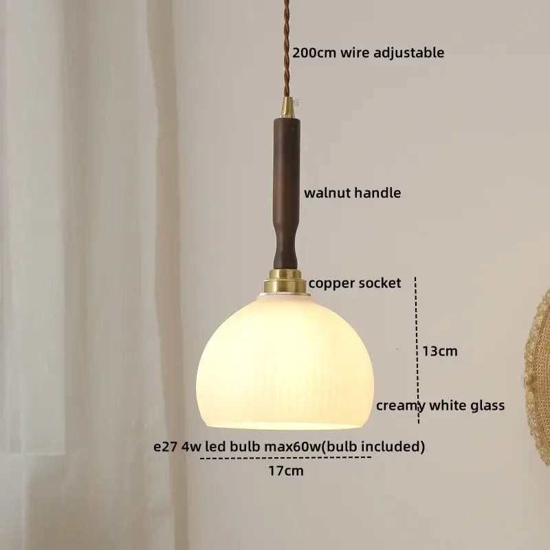 Amber glass led pendant light copper & walnut dining room