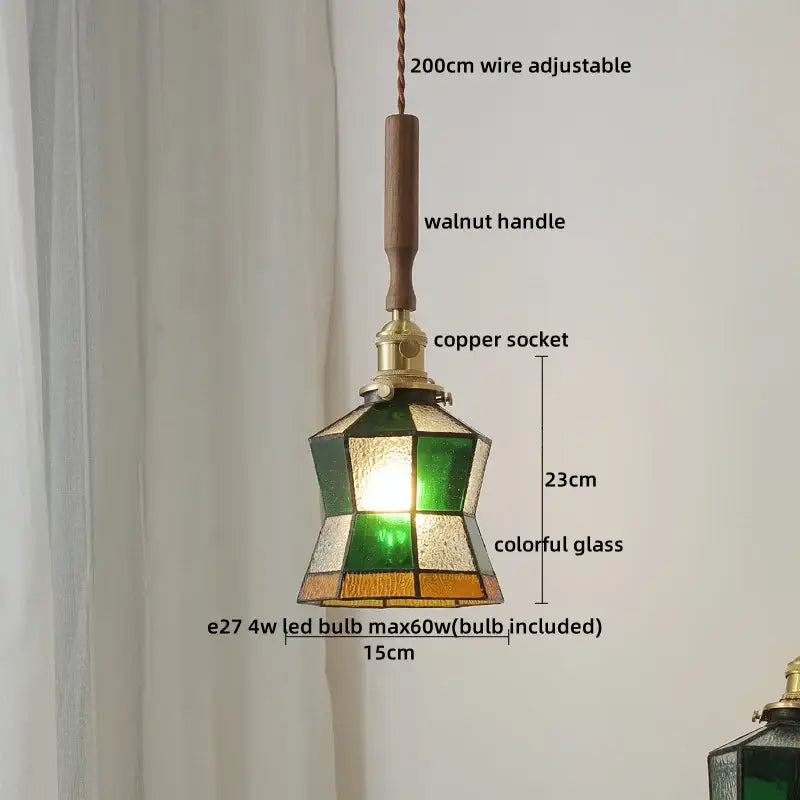 Amber glass led pendant light copper & walnut dining room