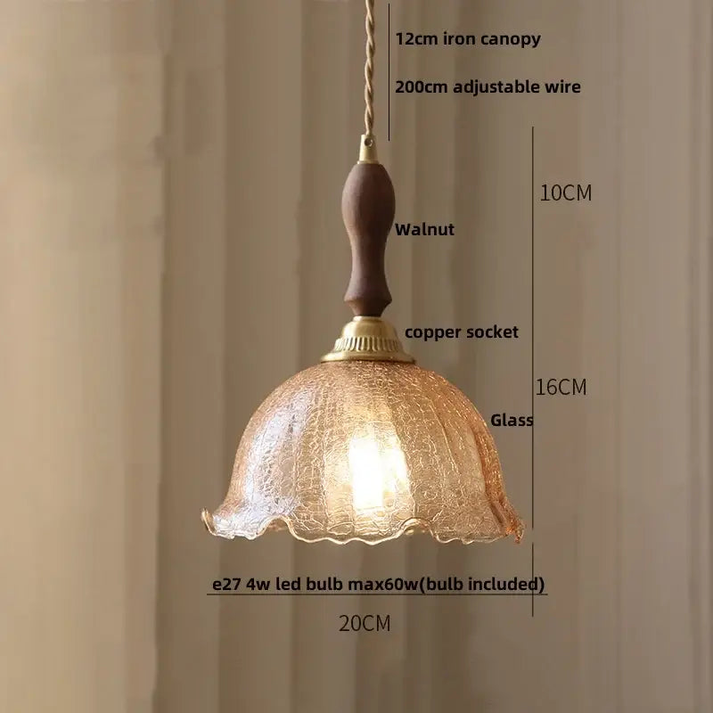 Walnut and amber glass led pendant lamp dining room hanging light