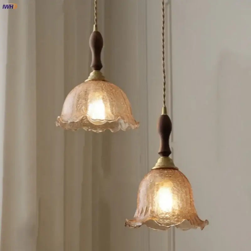 Walnut and amber glass led pendant lamp dining room hanging light