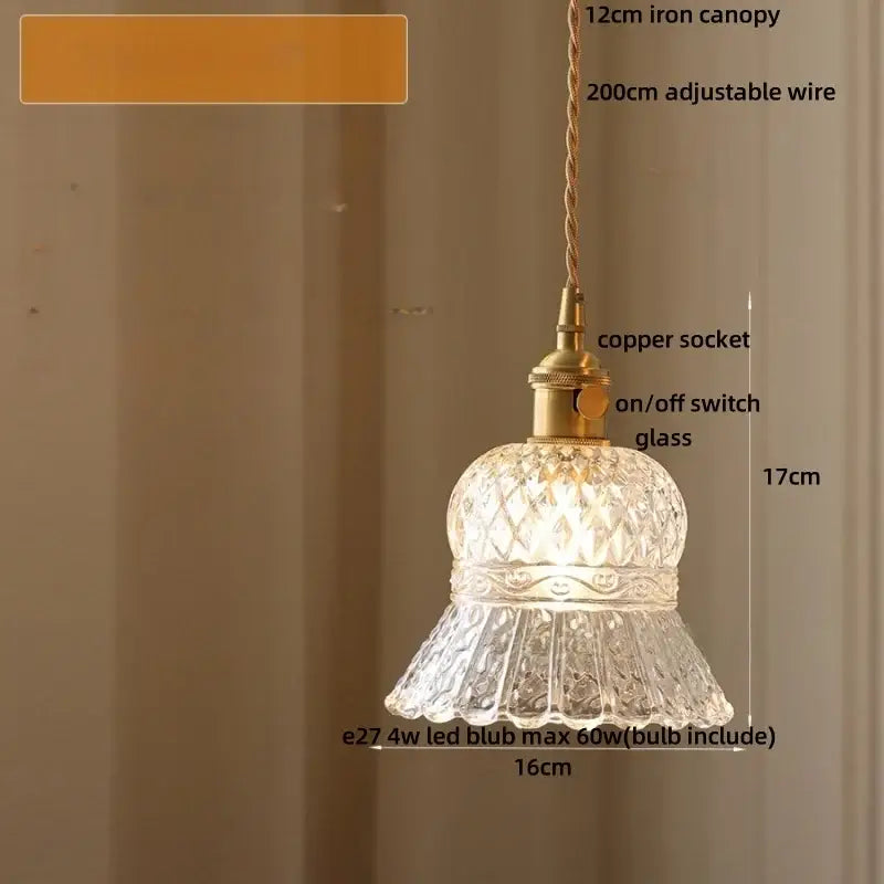 Vintage brass amber glass led pendant light kitchen ribbed shade