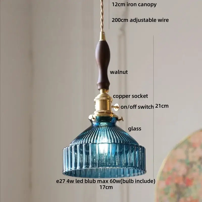 Vintage brass amber glass led pendant light kitchen ribbed shade