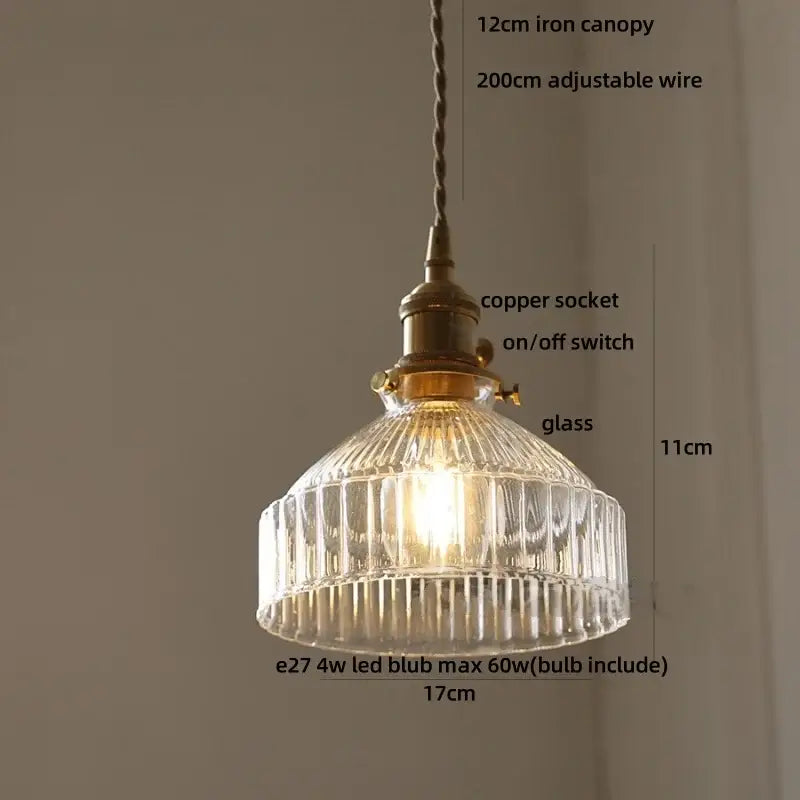 Vintage brass amber glass led pendant light kitchen ribbed shade