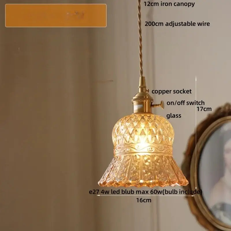 Vintage brass amber glass led pendant light kitchen ribbed shade