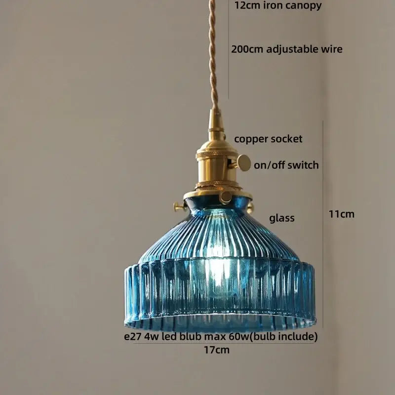 Vintage brass amber glass led pendant light kitchen ribbed shade