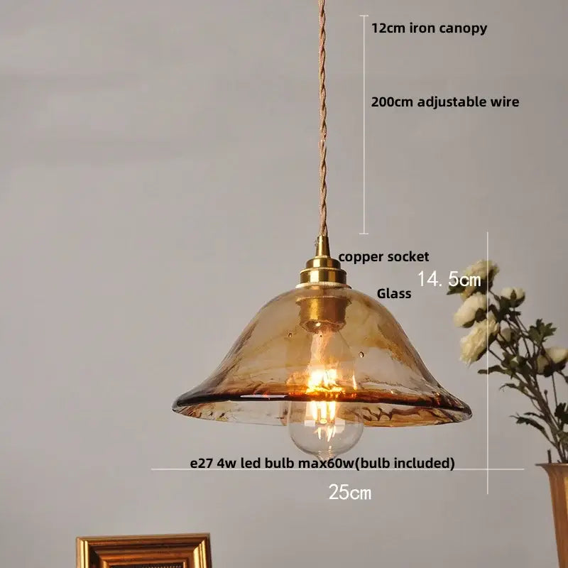 Vintage amber glass pendant light dining room brass fixture
