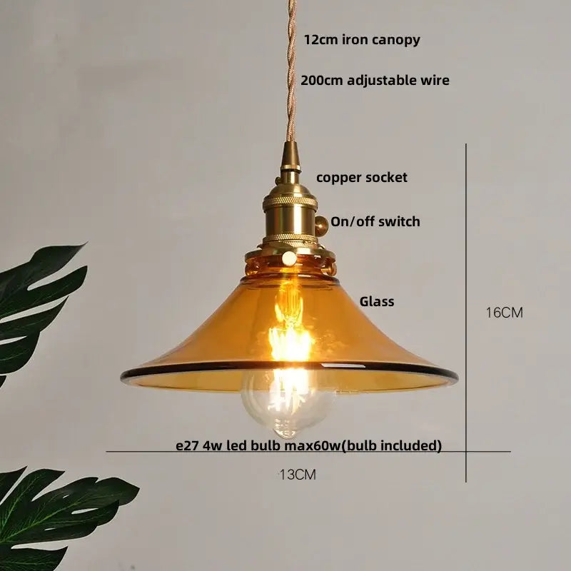 Vintage amber glass pendant light dining room brass fixture