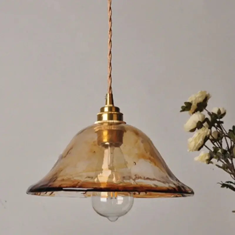 Vintage amber glass pendant light dining room brass fixture