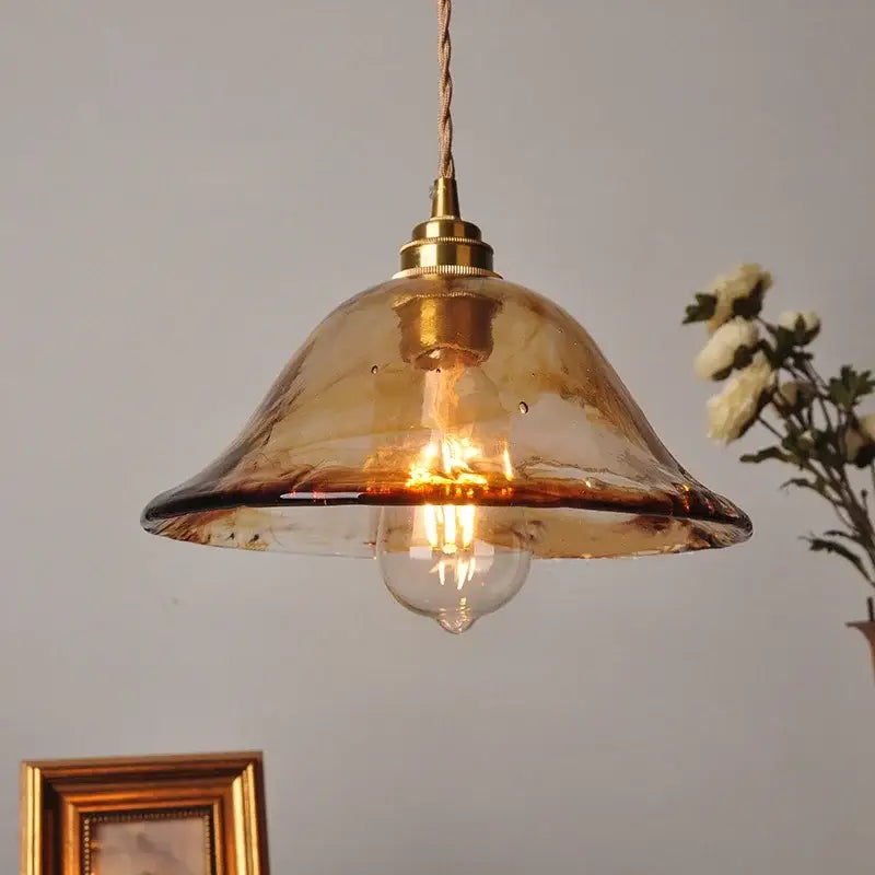 Vintage amber glass pendant light dining room brass fixture