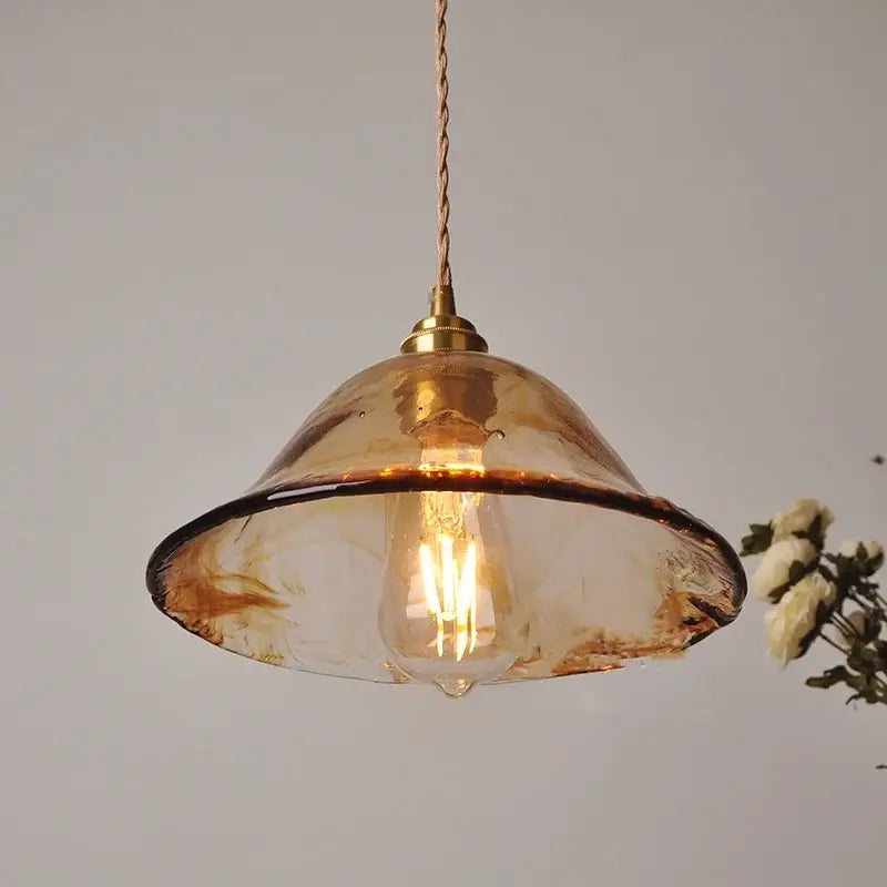 Vintage amber glass pendant light dining room brass fixture